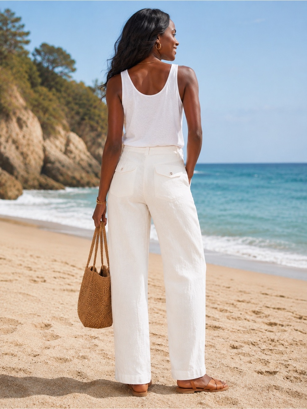Esprit Women’s White Linen Pants Straight Leg Coastal Summer Nautical Vacation - Picture 2 of 13